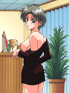 Short haired girl talking in to pulling down her top with an unsure expression on her face about what happens next. Itâ€™s a hentai game, you should know what happens next.