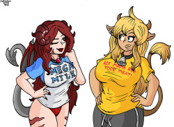 captaintaco2345: Crimson and Maya wearing some T shirts. I realized after finishing that Maya should have been wearing the Mega Milk one, but whatever.  Commission Info - Ko-fi - Redbubble Store 