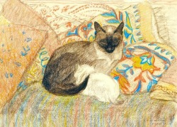 art-nimals:Théophile-Alexandre Steinlen (1859 - 1923), Siamese Cat and Her Kitten, 1920, drawing, Sotheby’s 