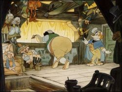 broken-down-merry-go-rounds:Concept art for Pinocchio (1940) Such a beautiful drawing  (*_*)