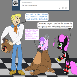 darkfiretaimatsu:  The other four nights at Freddy’s were mostly dedicated to setting up traps~ Only Diamond Tiara&rsquo;s family is rich enough to obtain a full animatronic suit to scare away the patrons. But nopony is rich enough to obtain enough