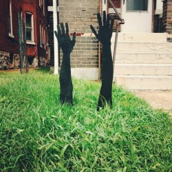 honestlyyoungpersona:    These are lawn sculptures created by artists Basil Kincad and   Damon Davis in response to the murder of Mike Brown and the Ferguson protests.   #HANDS UP 