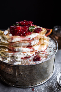 sweetoothgirl:  Coconut Honey Crepes with Whipped Mascarpone + Blood Orange Compote.