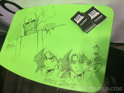 Some select sketches by SnK Chief Animation Director/Character Designer Asano Kyoji at NYCC this weekend! The first is my own photo of the desk he used for the signing (Seen here yesterday with only Levi but embellished by the end of today with more!).