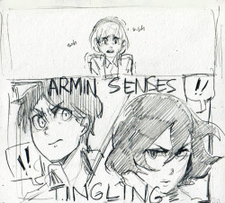 inarina:  I drew this on my way back I’ve noticed that whenever Armin is panicking, he calms down almost immediately when either Eren or Mikasa holds his hand and I just 