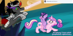 teenprincesscadance:  Twily just sticks her tongue out at him. Typical. Hide me. ((Thanks for the follow King Sombra! You’re an inspiring amazing artist and I was honoured to be followed by you! Even if my little character is somewhat scared of you….