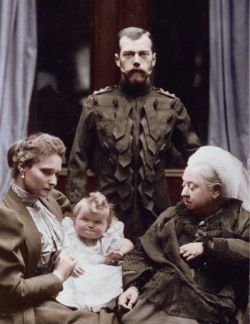 royals-and-quotes:  Vintage Royal Portrait - Queen Victoria of Great Britain with Tsar Nicholas II of Russia. Seated on the left is Tsarina Alexandra holding her baby daughter Grand Duchess Olga. (Balmoral Castle, 1896). Tsarina Alexandra (nee Princess
