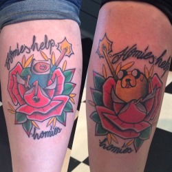 fuckyeahtattoos:  My best mate and I got matching Adventure Time tatts on my birthday last month. Done by Joshy Hislop at Blind Eye Tattoos, Leeds, UK. 