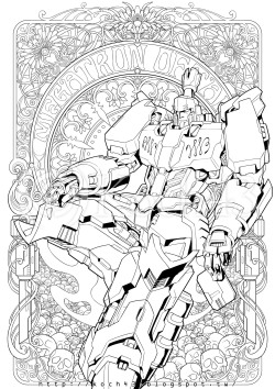 koch43:  Poster Ink, Megatron (20150713)Megatron with Art Nouveau style background, sketch and ink by me.|∀ﾟ) One day these inks will be colouring, I can’t give you an exact date, but I guarantee they will be finish.