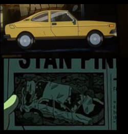 shamblingcorporatepresence:  chrossrank:  shamblingcorporatepresence:  Stanley used his brother’s car to fake his own death CONFIRMED  But it looks like its Stanley´s car. The sign “welcome to gravity falls” might indicate that at that point,he