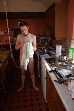 slavematt: Chained to the beams in the kitchen, the house-slave could hear the party going on in the rest of the house, but wasn’t allowed to participate. It would have to have its fun by cleaning, cooking food and preparing drinks for its Master and