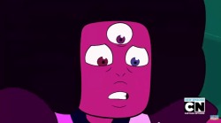 lordashacflame:Can we just talk about this face? Please? Like, Ruby and Sapphire fuse into Garnet and they’re laughing and so happy and just SO excited, but when Steven exclaims that Garnet is a fusion, her face immediately transforms into this mask