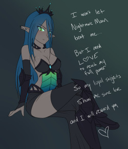 jonfawkes:  jonfawkes:  jonfawkes:  jonfawkes:  jonfawkes:  jonfawkes:  You all asked for it, so here it is! This will be a lot easier than pleasing Nightmare Moon. All Chrysalis needs is notes. At every 100 notes, she will remove one piece of clothing.
