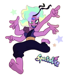mrhaliboot:  Here’s my wild take on Lapis and Peridot’s fusion, Spectrolite! She’s an arty space hippie whose into camp pining hearts and contemporary art. She’s somewhat based on the B-52′s music and David Bowie. I wanted to go for a different