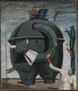 tripstothemuseum: Celebes, Max Ernst, 1921 Oil paint on canvas.Tate Modern “The central rotund shape in this painting derives from a photograph of a Sudanese corn-bin, which Ernst has transformed into a sinister mechanical monster. Ernst often re-used
