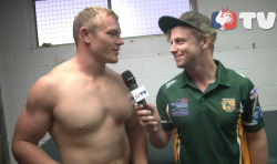 rugbyplayerandfan:  maleathleteirthdaysuits:  roscoe66:Martin Kennedy of the Roosters being interviewed in the sheds  Martin Kennedy (rugby league) born 20 February 1989  Rugby players, hairy chests, locker rooms and jockstraps Rugby Player and Fan