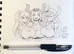 callmepo: You guys saw a trio from behind… now for a trio up front!  Tiny doodle of a trio of top-heavy manga/anime babes: Cerea the centaur (Monster Musume), Asterio the minotaur (12 Beast), and Quetzalcoatl the dragon goddess (Miss Kobayashi’s Dragon