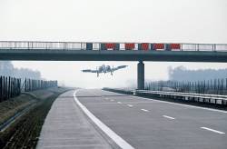 militaryarmament:  An A-10 Thunderbolt II landing on the autobahn A29 near the city of Ahlhorn during the NATO-exercise “highway 84”. 1984. 