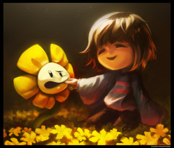 fluffyslipper:  Title: Howdy I’m–HEY STOP THAT So… this turned out better than expected. I should paint more often. I felt it might have gone differently if Frisk messed with Flowey at the start of Undertale. In the picture Frisk is pinching Flowey’s