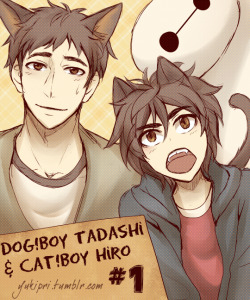 yukipri:Big Hero 6 Catboy/Dogboy AU!  Part 1I said I’d draw one, ages ago, and I finally got around to it.  Were you expecting sexy catboys and dogboys? WRONG.  This is an AU where they act, very literally, like cats and dogs.  And lemme tell you,