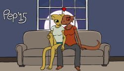 mrpepsidude:  Couch CuddlesI finally went and shipped these two. How can you not? They’re a freaking adorable couple! So here they are, snuggling on the couch in their Pajamas. Part of an Art Trade with Zokva! He requested some cute katia and quill