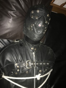 jamesbondagesx: Intruder in uniform and secured in sleep sack, tied to post and milked