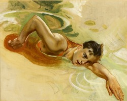 shear-in-spuh-rey-shuhn:  J.C. LEYENDECKERStudy Of A SwimmerOil on Canvas13.375″ x 17″ 