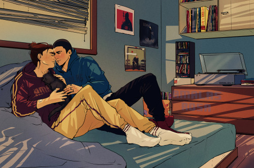 amalasdraws: Cozy Afternoon  I was blessed to be commissioned by @ Arybbykoo (on twitter) to draw my Ocs Aran and Tao, cuddling with Aran’s cat Buddy, while listening to records.  
