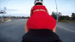 buttman0521:  twistedirl:  Motorcycle speedbump reveals huge ass jiggle and black panties behind tight red dress  A bit big for my liking but great gif 