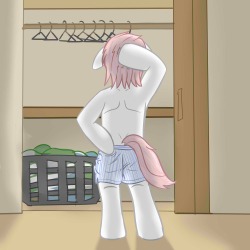 Uh oh, looks like someone forgot to do the laundry.  Decided to do something simpler with this next pony dude, R63 Nurse Redheart, and try a back shot in a pair of plain old boxers.  Not sure what his name would be, but Redheart seems like a rather