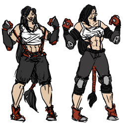 shoutsoflions:some tifa redesigns! Just fucking around, no specific reasoning behind anything or whatever except to make her look more like a melee fighter