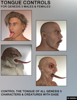   	Do you need additional tongue controls for your Genesis 3 Male and Female characters or creatures? This  add-on adds several tongue pose control dials to Genesis 3 Male(s) and  Female(s) and enables you to easily control the tongue of all your  Genesis