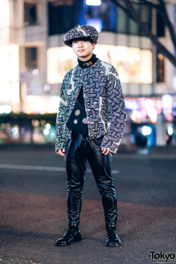 tokyo-fashion:  17-year-old Japanese student Daiki on the street in Harajuku wearing a rope print jacket and rope print hat by legendary Tokyo-based British designer Christopher Nemeth, vintage patent leather pants, Nemeth shoes, and Nemeth accessories.