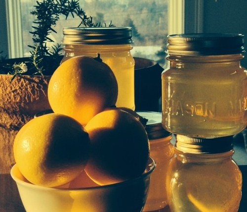the ingredients for Meyer lemon rosemary jelly from les collines