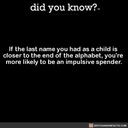 did-you-kno:  If the last name you had as a child is  closer to the end of the alphabet, you’re  more likely to be an impulsive spender.  Source Source 2