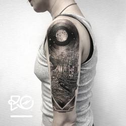 ro-tattoo:  By RO. Robert Pavez • Beyond The Horizon • Bokning. Vid intresse, skicka ett mail till robert@roblackworks.com ⚫️ Please! Do Not Copy ® 👁 • Studio Nice tattoo - Stockholm - Sweden 2016  #engraving #dotwork #etching #dot #linework