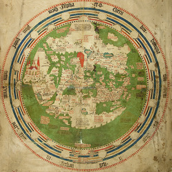Austrian Benedictine monk Andrew Walsperger created this 1448 portrayal of the world known to Europeans. Spheres around the edges represent the heavens. (Vatican Library)