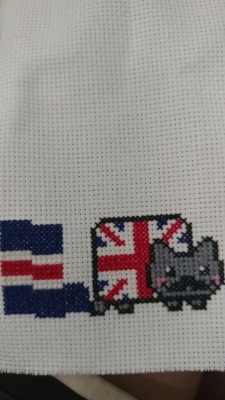A cute British nyan cat that I&rsquo;m almost done with.  I&rsquo;m sick in bed so I have a lot of sewing time now.