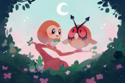 ieafy:  Rowlet and Hoothoot! Trying to get back into the swing of making… illustrative works aha, it’s tricky! Print available here ♥ ♥ 