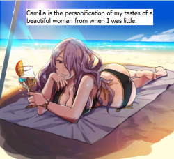 fire-emblem-confessions:  Camilla is the personification of my tastes of a beautiful woman from when I was little. Everytime I wanted to draw a wonderful woman she was busty, tall, with super long and curly hair and a tuft covering her eye. The left one