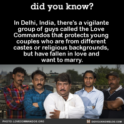did-you-kno:  In Delhi, India, there’s a vigilante group of guys called the Love Commandos that protects young couples who are from different castes or religious backgrounds, but have fallen in love and want to marry.  Source 