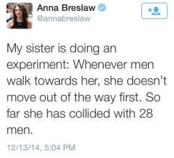 bi-usagi:  youcangofindatree:  moremetalthanyourmom:  Okay but after seeing this I started doing it too and it’s amazing how many men I’ve run into bc they expected me to move  Gotta try it  but is she standing still or also walking?