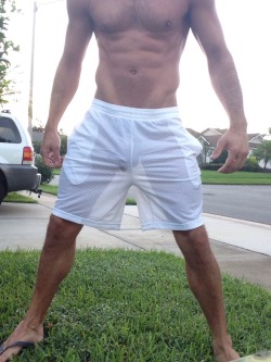 exposedhotguys:  Showing off my new mesh shorts with the liner cut out to my neighbors this morning!  exposedhotguys.tumblr.com  Brb, doing this to everything I own.