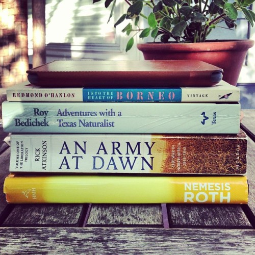 Some of my recent reads, on the porch reading table. Post TK if weather allows. (at da house)