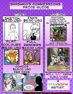 smashkopalace:    COMMISSIONS ARE OPEN FOR THE FIRST TIME!FIRST TIME DEAL, 20 SLOTS ARE OPEN!!!!Hello, I’m smashko and I’ve never done commissions before. As summer starts It gets harder for me find a job in my area! I have some future expenses coming