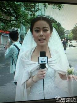 pleatedjeans:  A reporter was having her wedding when the quake hit Sichuan today. She went to work immediately. via