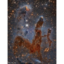 Pillars of the Eagle Nebula in Infrared   Image Credit: NASA, ESA, Hubble, HLA; Processing: Lluís Romero  Explanation: Newborn stars are forming in the Eagle Nebula. Gravitationally contracting in pillars of dense gas and dust, the intense radiation