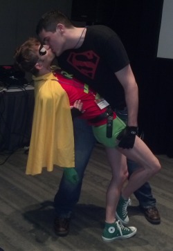judgemilkman:  dantesinfernape:  Came back from Anime Boston today! I was Superboy and Timmy was Robin. This was after one of the yaoi panels, where a number of fangirls screamed every time we took a breath. “It’s like yaoi in real life!”  This