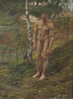 Max Seliger (1865-1920) - Male nude in the forest, oil on canvas,  57 x 43,5 cm.   