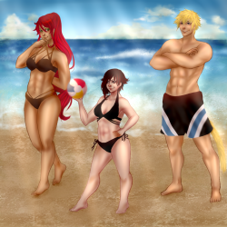 violetaristea:  pyrrha, ruby, and sun about to kick some butt in volleyball just wanted to draw my ot3 again and this was a fun experiment in techniques 